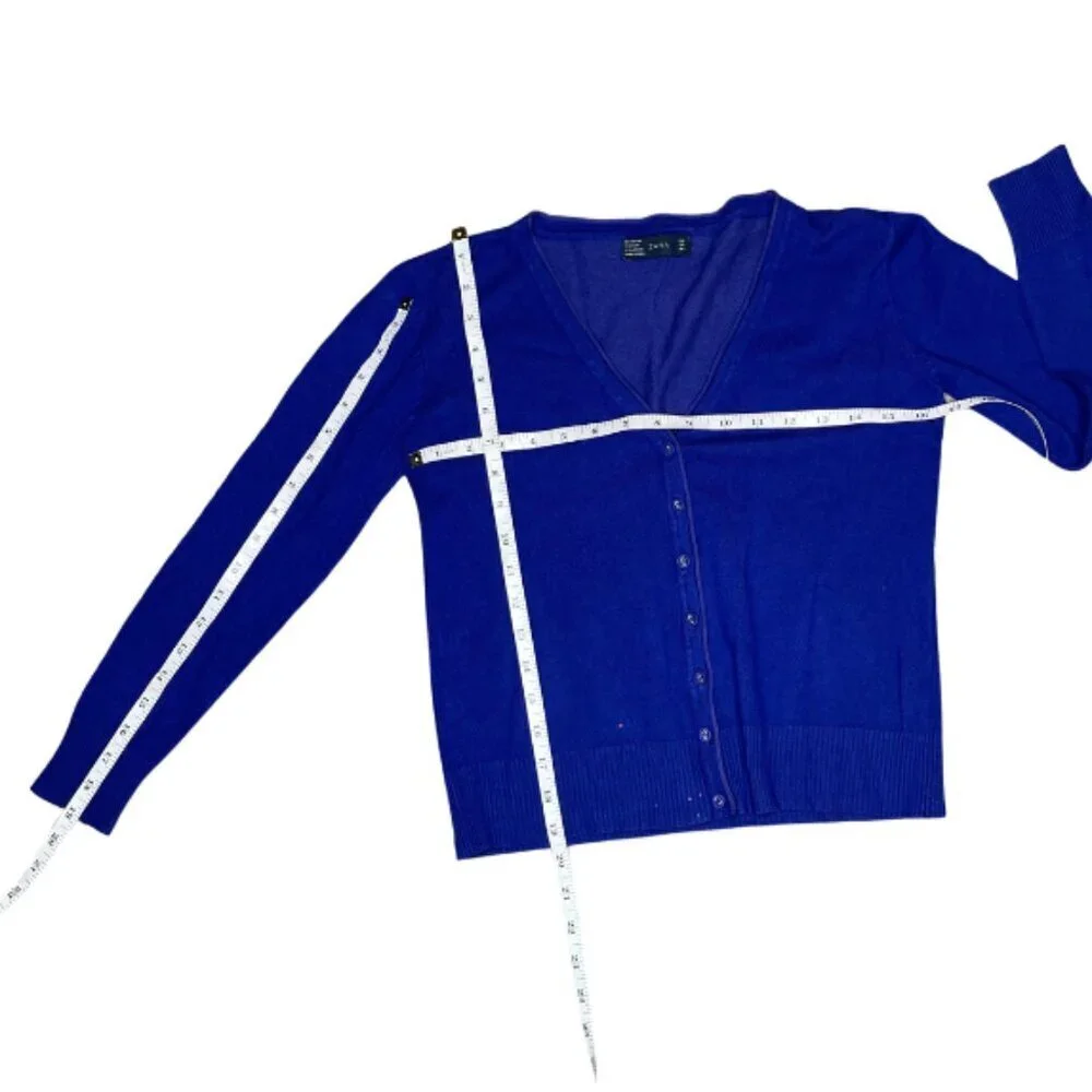 Zara Cobalt Blue V-Neck Button Up Cardigan Knit Sweater Cotton Blend Royal Blue